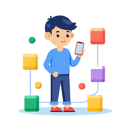 Boy with Smartphone and Flowchart: Technology, Connectivity, and Business Processのイラスト素材