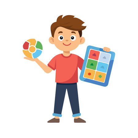 Boy with Ball and Tablet: Cartoon Illustration for Education and Children's Themesのイラスト素材