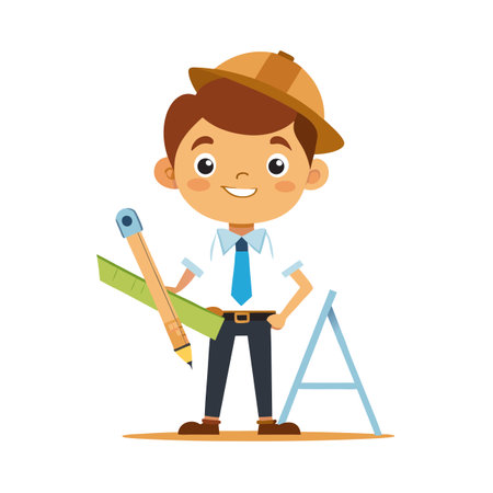 Cartoon Architect Boy with Hat, Ruler and Pencil Vector Illustrationのイラスト素材