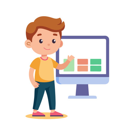 Cartoon Boy Presenting Data on Computer Screen: Business Presentation Conceptのイラスト素材