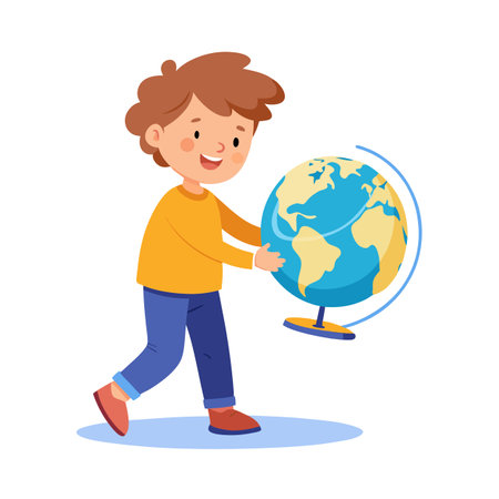 Boy Studying Geography: Cartoon Illustration of a Child Holding a Globeのイラスト素材