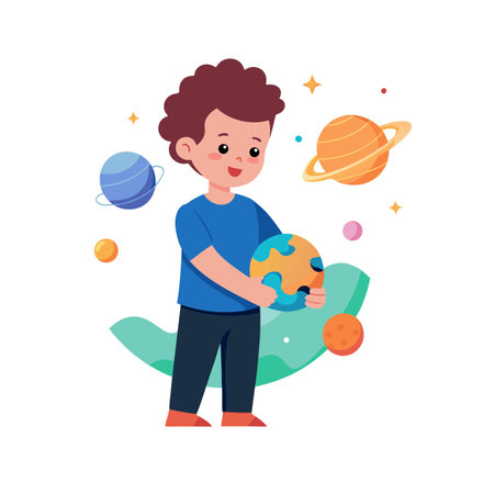 Boy with Globe Surrounded by Planets: Space Exploration and Astronomy Illustrationのイラスト素材