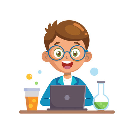 Young Scientist Cartoon Character Working with Laptop and Scientific Experimentsのイラスト素材