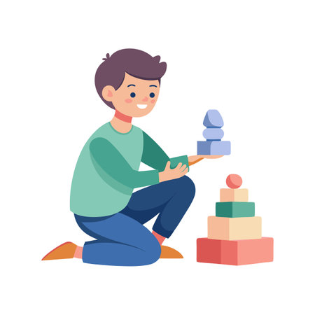 Boy Plays with Colorful Stacking Toy: Childhood Development and Creative Learningのイラスト素材
