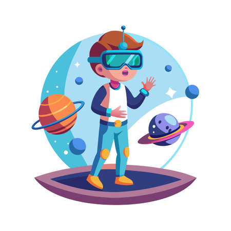 Cartoon Boy Exploring Virtual Reality Space with VR Headset and Planetsのイラスト素材