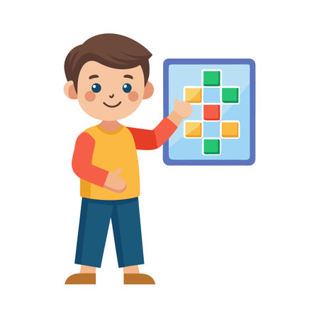 Boy with a color block game, child learning colors and shapes, illustrationのイラスト素材