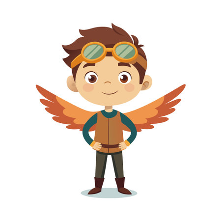 Cartoon Aviator Boy with Wings Wearing Goggles, Brown Boots, and Vestのイラスト素材