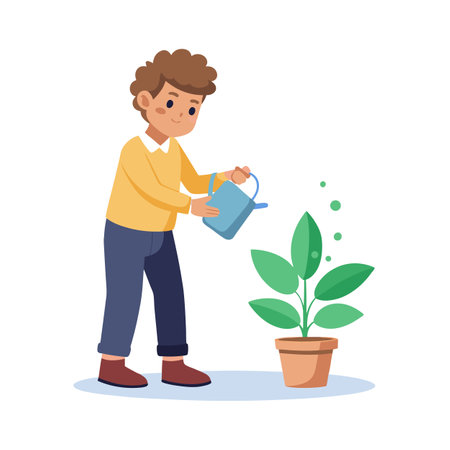 Boy Watering Plant in Pot: Gardening, Nature, Growth, and Educationのイラスト素材