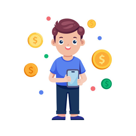 Boy Holding Smartphone with Floating Money - Financial Technology Illustrationのイラスト素材