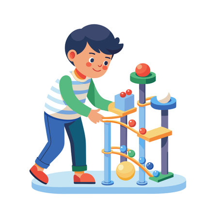 Boy playing with a marble run, engaging with educational toy, vector illustrationのイラスト素材