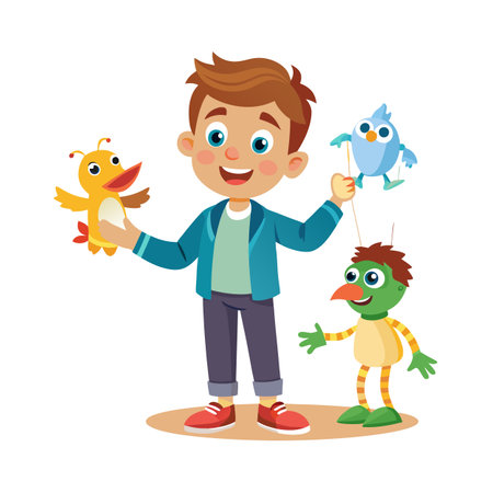 Boy with Hand Puppets: Cartoon Vector Illustration for Kids Entertainmentのイラスト素材