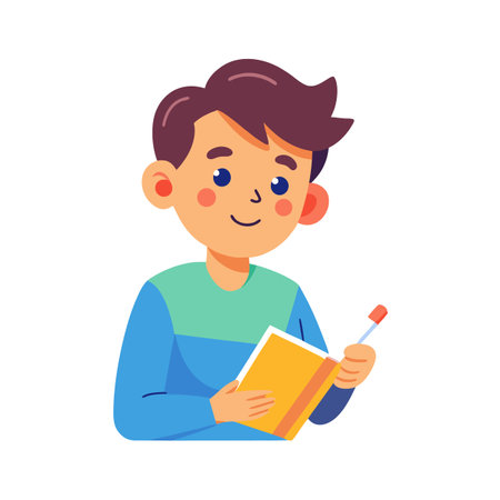 Cartoon Boy Reading Book and Holding Pen: Education, Learning, and Schoolのイラスト素材