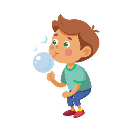 Cute Cartoon Boy Blowing Bubbles: Fun Childhood Activities Illustrationのイラスト素材
