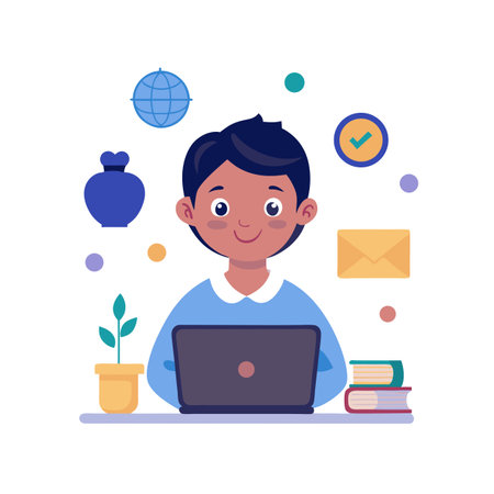 Cartoon Boy Working at Laptop with Globe, Books, and Plantのイラスト素材