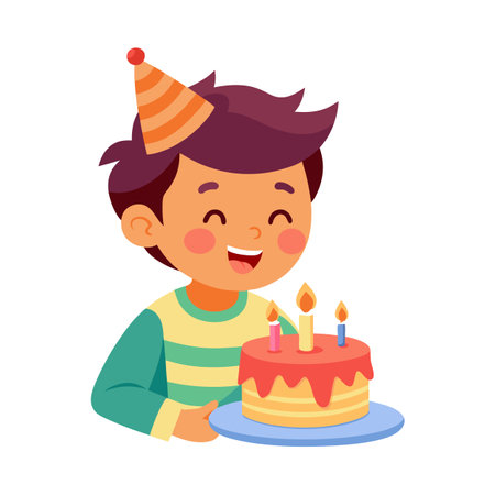 Happy Boy Celebrating Birthday with Cake and Candles, Party Hat Illustrationのイラスト素材