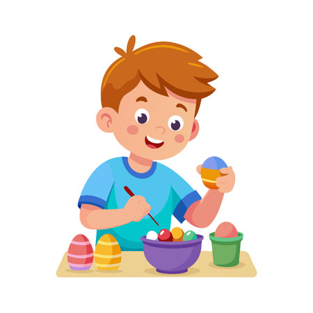 Boy Painting Easter Eggs: Spring Holiday Celebration and Creative Cartoon Illustrationのイラスト素材
