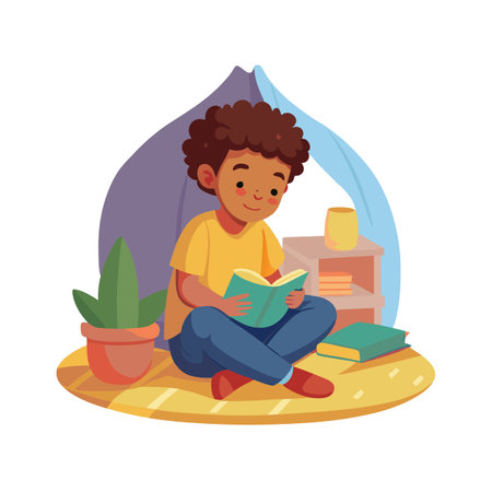 Cute Boy Reading Book in Cozy Tent Illustration for Children's Contentのイラスト素材