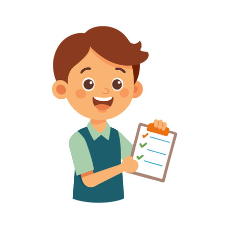 Happy Boy Holding a Clipboard with Checkmarks Illustration Isolated on Whiteのイラスト素材