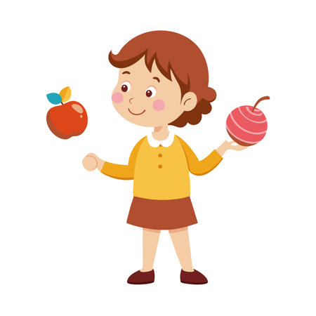 Cartoon Girl Juggling an Apple and a Ball on a White Backgroundのイラスト素材