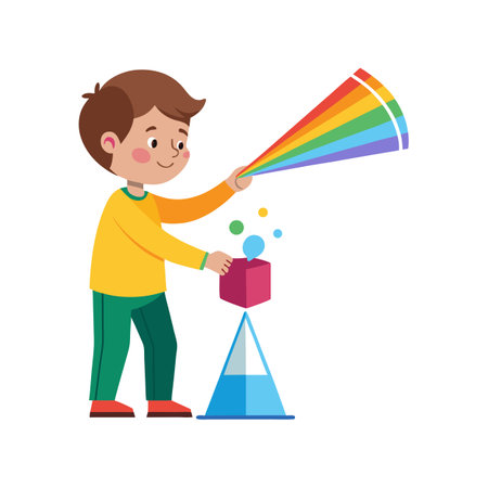 Boy with Prism Shows Rainbow Colors: Science, Education, and Discovery Illustrationのイラスト素材