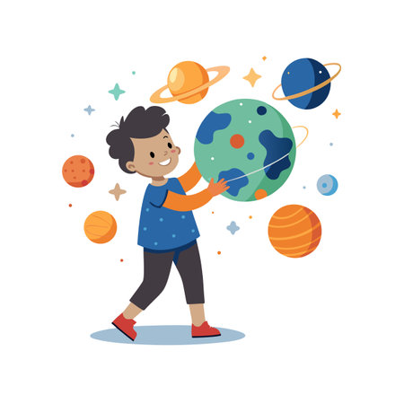 Child Holding Planets: Space, Astronomy, Education, and Exploration Illustrationのイラスト素材
