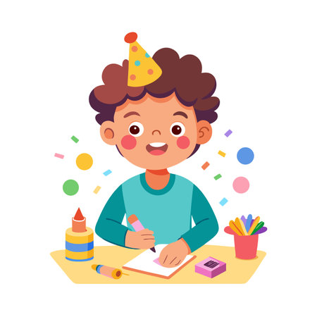 Boy with Birthday Hat Drawing Illustration with Confetti Background, Vector Designのイラスト素材