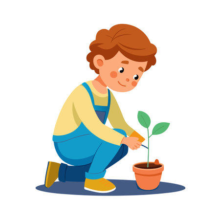 Boy Planting Seedling in Pot - Gardening Illustration for Children's Booksのイラスト素材