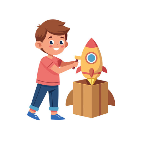 Boy playing with toy rocket launching from cardboard box illustrationのイラスト素材