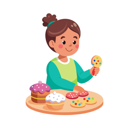 Cartoon girl playing with toy desserts on a wooden table, colorful illustrationのイラスト素材