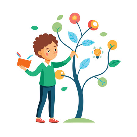 Young boy tending to an idea tree with colorful fruits and light bulb inspirationのイラスト素材