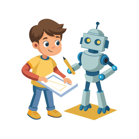 Boy teaching robot drawing with pencil on paper, learning process and collaboration, vectorのイラスト素材