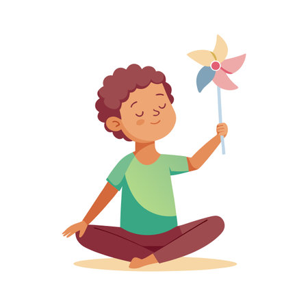 Boy sitting cross-legged with a colorful pinwheel toy, children's playtime conceptのイラスト素材