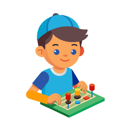 Flat Illustration of a Boy Playing on an Arcade Game Controller Panelのイラスト素材