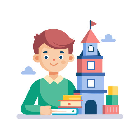 Boy with books and building blocks representing education and creativity in a simple designのイラスト素材
