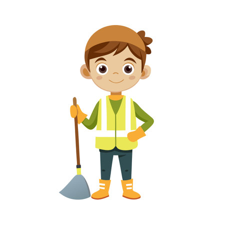 Illustration of a Smiling Young Boy Wearing a Safety Vest and Holding a Broomのイラスト素材
