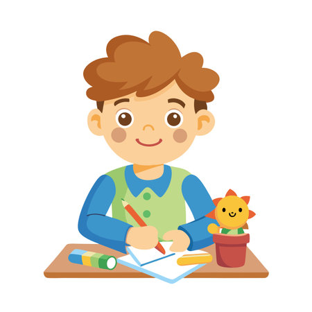 Boy drawing at desk with smiling flower illustration, symbolizing childhood education and creativityのイラスト素材