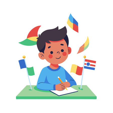 Young student learning about global cultures and flags, studying geography or languages at deskのイラスト素材