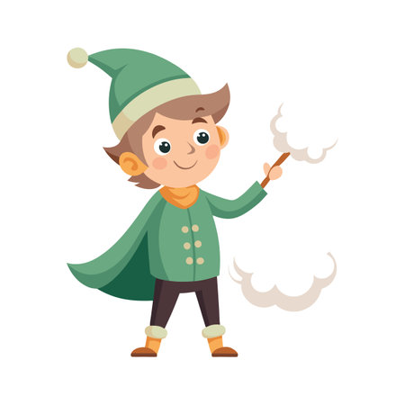 Cute cartoon boy dressed as a winter wizard casting a magical spellのイラスト素材