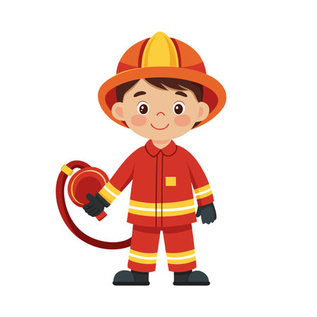 Cartoon style illustration of a cute boy dressed as a fireman ready for actionのイラスト素材