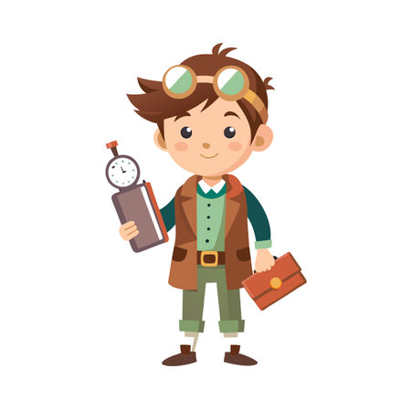 Steampunk Boy with Goggles Holds Clock and Briefcase, Cartoon Character Illustration on White Backgroundのイラスト素材