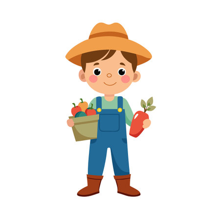 Cartoon farmer boy holding a basket with vegetables and a carrot isolated on white backgroundのイラスト素材