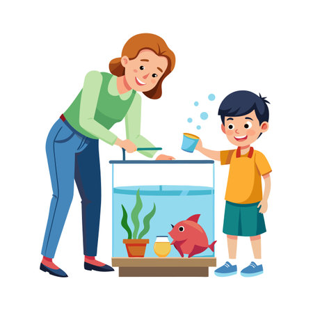 Mother and son feeding goldfish in fish tank, illustration, family activity at homeのイラスト素材