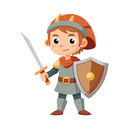 Cartoon knight illustration, young boy warrior with sword and shield, isolated on white backdropのイラスト素材