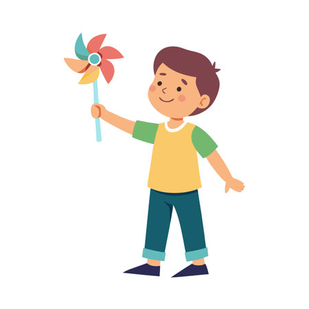 Young boy joyfully holds a colorful pinwheel outdoors in a playful and cheerful illustrationのイラスト素材