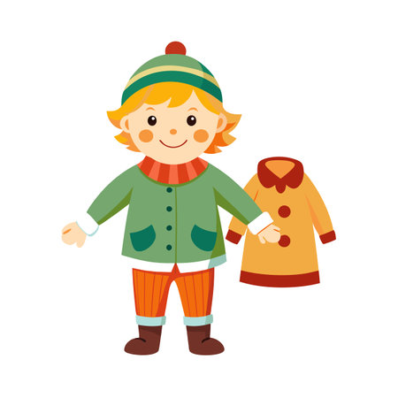 Cartoon illustration of a child wearing warm winter clothing next to a coatのイラスト素材