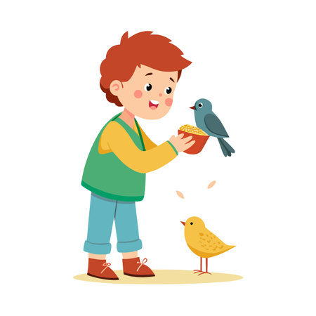 Boy feeding birds holding seeds in a bowl, kindness and animal care cartoon illustrationのイラスト素材