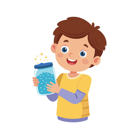 Boy holding a magical jar with stars and bubbles isolated on white backgroundのイラスト素材
