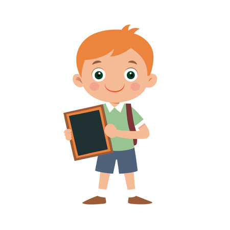 Cartoon boy holding a blank blackboard ready to start school, isolated on white backgroundのイラスト素材