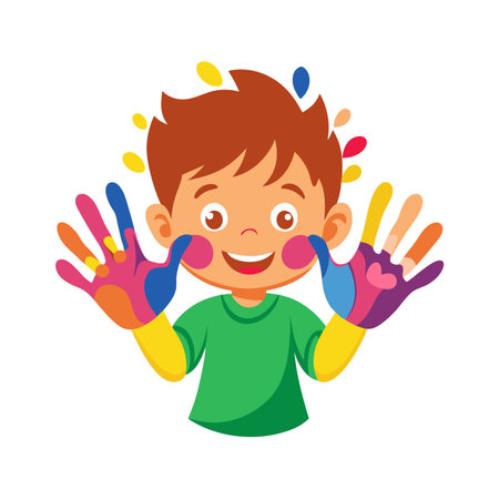 Cheerful Child with Painted Hands: Colorful Fun and Creative Expression in Vector Illustrationのイラスト素材