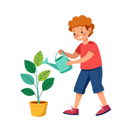 Boy watering plant in pot - vector illustration for gardening and hobby conceptのイラスト素材